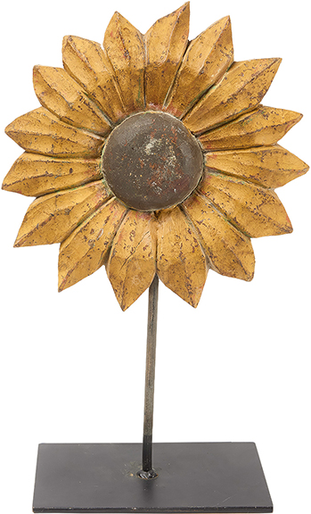 The folk-art sunflower garden ornament, circa 1920, carved and painted wood, 12
