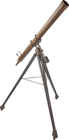 This large 19th-century telescope with the original tripod on casters is not in working order and has no optics. In brass and wood, the telescope measures 85¾