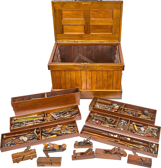 This large and comprehensive tool collection of several hundred pieces in a period storage chest, 23 5/8