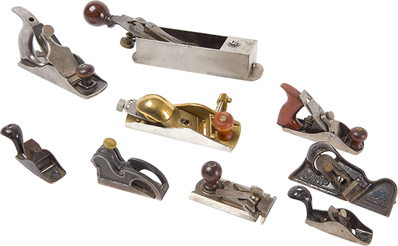 The group of nine early American and English wood planes, most of which are numbered or otherwise identifiable, including Stanley numbers 95, 100, and 100½ and a Sargent number 81, brought $7500 (est. $500/1000).