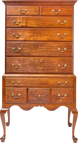 The cherry highboy by Eliphalet Chapin (1741-1807), with pine secondary wood, was made in East Windsor, Connecticut, circa 1780. Measuring 71 5/8