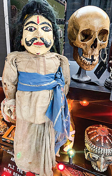 This male puppet with a face of composition and perhaps papier-mâché was hand carved in wood in the late 19th or early 20th century. Paul Abrahamian believes it and a female puppet (not shown) to be Southeast Asian. They appeared in folklore marionette shows for entertainment and celebration. Each was $325, or the pair was $575. 