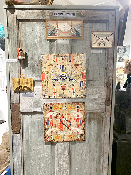 Works by Kevin House were displayed by Aarne Anton of Nexus Singularity. On the top is Rogue Mountain Turnaround, paint, markers, paper, wood, and envelope, 2024, priced at $1200.