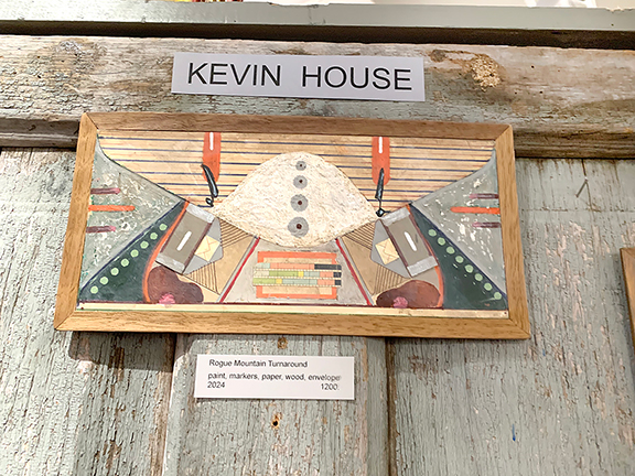 Works by Kevin House were displayed by Aarne Anton of Nexus Singularity. On the top is Rogue Mountain Turnaround, paint, markers, paper, wood, and envelope, 2024, priced at $1200.
