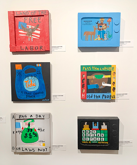 New to the Outsider Art Fair this year was the FolkArtwork Collective, owned by Adam Oestreich, a high school art teacher from Des Moines, Iowa. He has sold works online the last three years. He and his father drove to New York to set up his booth, which his students had helped design. Seen here are works by Estéban Whiteside, a Washington, D.C.-based artist who “gets straight to the point.” Land of the Free, 2024, acrylic and wood mounted on wood, 14