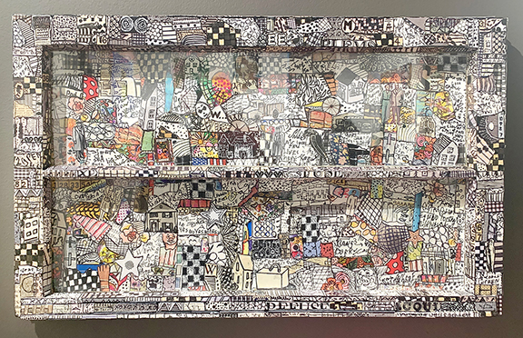 Under the Bridge, acrylic, collage, and vintage window, 19