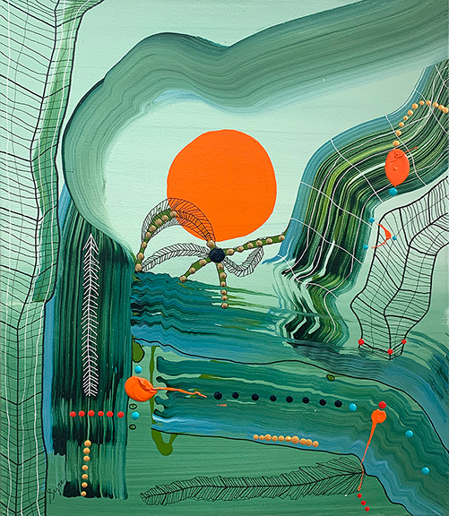 Sarah Crown of New York City asked $2600 for Kona Sunset, 2024, by David Syre. The acrylic, ink pen, and paint pen on canvas work is 24