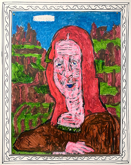 Mona Lisa, acrylic on poster board, by Ike E. Morgan (b. 1958), available from Sage Studio, Austin, Texas, was priced at $1500. The work was created between 2010 and 2020. Sage’s directors, Lucy Gross and Katie Stahl, designed and drew the stencil frames in their booth, which is usually located up front at the fair. They are the welcoming committee, always upbeat and friendly. The studio and gallery are for artists with disabilities.