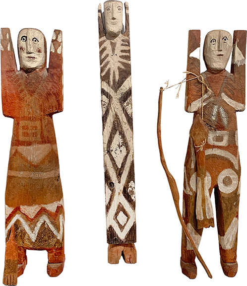 These paint on wood figures by Charlie Willeto (1897-1964) were part of the Audrey B. Heckler collection and available from Fleisher/Ollman Gallery, priced at $8500 each. The three untitled works, (Figure with Feather, Post Figure with Geometric Markings, and Figure with Bow and Arrow), were created 1961-64.