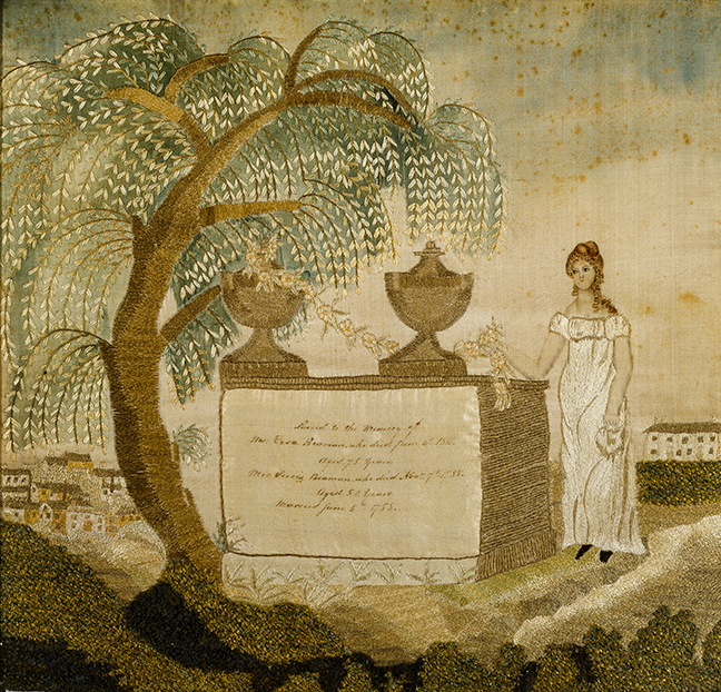 An Exceptional Silk Embroidered Mourning Picture Dedicated to the Memory of Ezra and Persis Beaman of West Boylston, Massachusetts