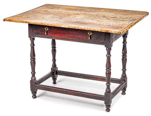 Massachusetts maple tavern table, mid-18th century, with a scrubbed top and a frame in an old red surface, 25½