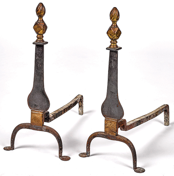 Pair of Federal knife-blade andirons, circa 1790, with faceted brass flame finials, 22½