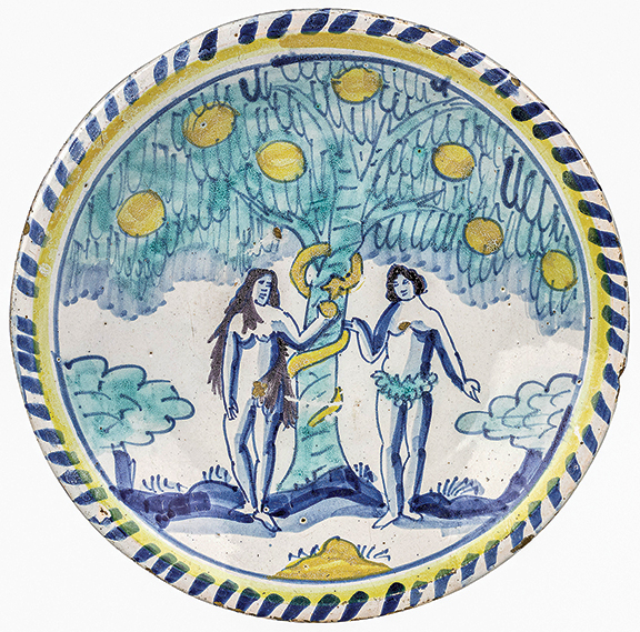 English London delft blue-dash Adam and Eve charger, late 17th century, 13