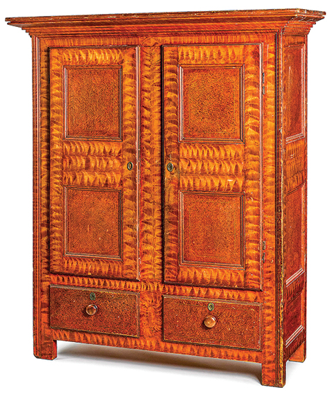 Painted pine cupboard, 19th century, probably Canadian, retaining its original grain-painted surface, 73