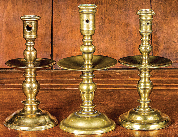 Three Dutch Heemskerk candlesticks, 17th century, the tallest 8¾