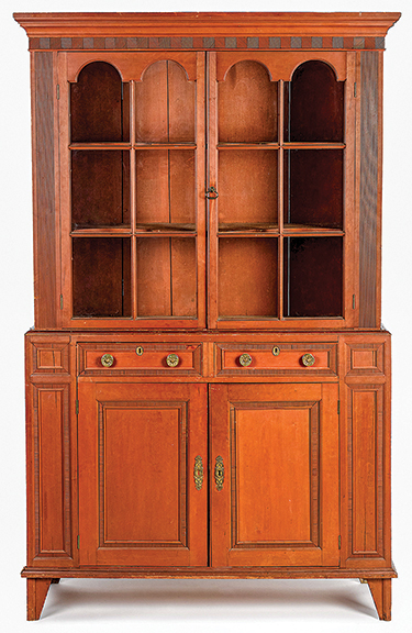 Bergen County, New Jersey, painted pine two-part cupboard, circa 1810, retaining an old red surface, 87