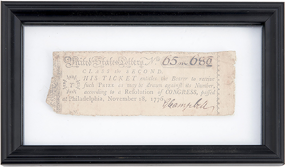 This historical fragment  of a second-class lottery ticket issued November 18, 1776, by the Continental Congress in Philadelphia, printed by John Dunlap (1747-1812) and signed in iron gall by lottery director George Campbell, is number 65,680 of 100,000 tickets issued. The ticket, 1 7/8
