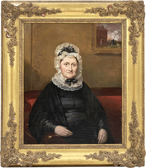 Portrait of Rebecca Howe Fiske, Concord, Massachusetts is attributed to Boston artist James Frothingham (1786-1864), whose artistic career began when he taught himself to paint coaches. By age 20 he was a full-time portraitist and made a visit to Gilbert Stuart. Frothingham and his family relocated to New York City in 1826, and he continued making portraits and exhibiting in Boston and New York. The portrait of Rebecca Fiske (1749-1845) was made around 1832 and sold for $10,880 (est. $1000/2000). In the upper right corner of the painting, the artist included an image of the Fiske home on Fiske Hill in Lexington, Massachusetts, one of the sites of the 1775 Battles of Lexington and Concord. A biographical note signed by Rebecca Fiske’s great-grandson William Bridge Fiske and dated September 23, 1908, accompanied the lot.