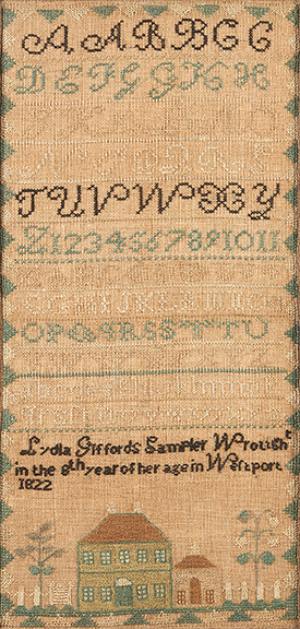 Lydia Gifford of Westport, Massachusetts, worked this needlepoint sampler in cross-stitch with 12 rows of letters and numbers, a hipped-roof house and an adjacent building with minimal windows, and fences and trees. The sampler includes the inscription “Lydia Giffords Sampler Wrought / in the 8th year of her age in Westport / 1822.” The 16¾