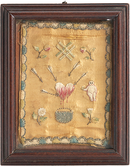 This 18th-century needlework love token in plain-woven gold silk worked in silk thread with a bleeding heart pierced by arrows amid flowers and next to a ghostly cupid figure holding flowers brought $3072. It had sold previously for $1046 (est. $300/350) at Skinner’s August 2019 sale of the 60-year early Americana collection of Marilyn and Don Forke. The heart motif was seen on many items in the Forkes’ collection. The 3¼