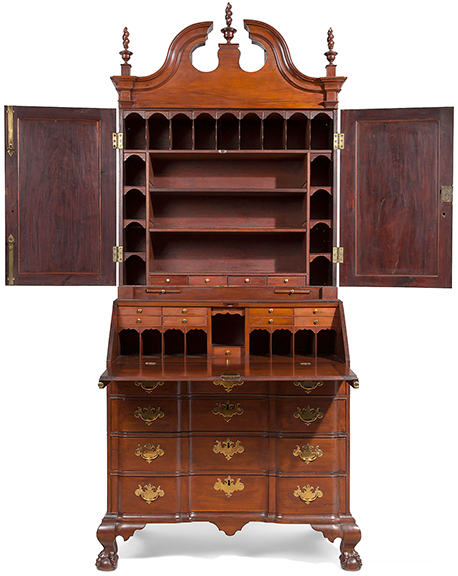 This Massachusetts Chippendale mahogany blockfront desk-and-bookcase, 98½