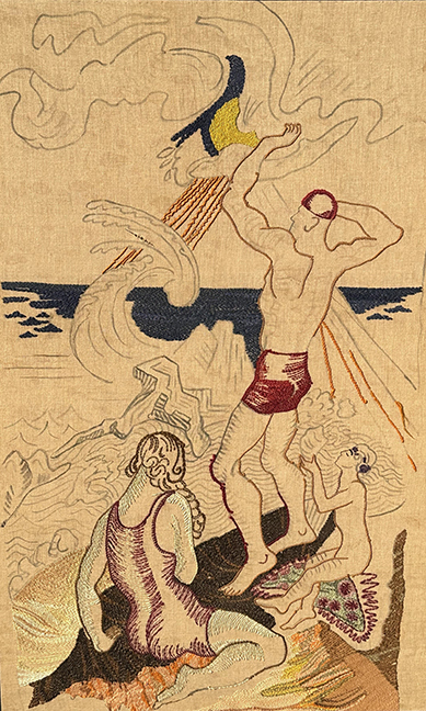 The 14 x 10 inch study was preliminary to a 58 x 28 inch composition executed on linen by Benton for his wife, Rita, to embroider circa 1922, the year of their marriage.