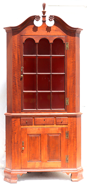 Early Curly Maple Corner Cupboard