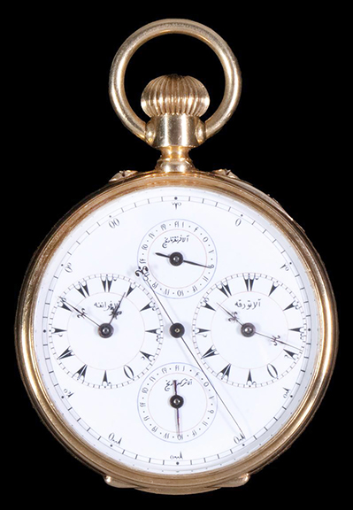 The heavy 18k gold open-face pocket watch, with dual time and date dials and guilloché engravings with the affixed crest of Abdul Hamid II, the 34th sultan of the Ottoman Empire from 1876 to 1909, cleared the $2000/3000 estimate and finally stalled out at $40,625, despite needing some service to bring it to full working order.