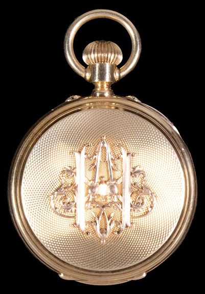 The heavy 18k gold open-face pocket watch, with dual time and date dials and guilloché engravings with the affixed crest of Abdul Hamid II, the 34th sultan of the Ottoman Empire from 1876 to 1909, cleared the $2000/3000 estimate and finally stalled out at $40,625, despite needing some service to bring it to full working order.