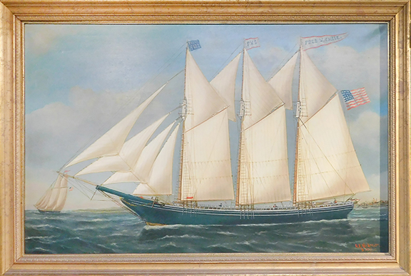 This oil on canvas portrait of the schooner Fred W. Chase by Reginald Eugene Nickerson (1915-1999), 22