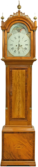 According to Delaney Antique Clocks, Samuel Ranlet moved to Augusta, Maine, in 1800, where he is believed to have served an apprenticeship under Benjamin Snow. He settled in Monmouth, Maine, in 1809, where he built clocks until his death in 1860. This Ranlet tall clock, 98