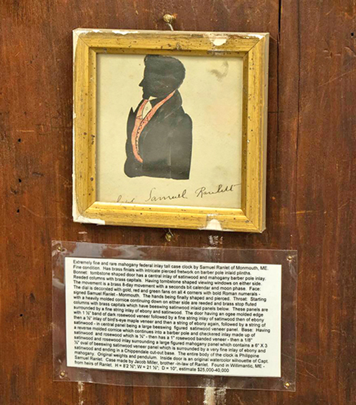 According to Delaney Antique Clocks, Samuel Ranlet moved to Augusta, Maine, in 1800, where he is believed to have served an apprenticeship under Benjamin Snow. He settled in Monmouth, Maine, in 1809, where he built clocks until his death in 1860. This Ranlet tall clock, 98