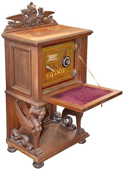 A late 19th-century safe by C. Herring & Co., New York City, concealed in a Renaissance Revival-style walnut cabinet, proved a major hit when it eclipsed the $1000/1500 estimate and landed at $16,800, aided by a combination that still worked.