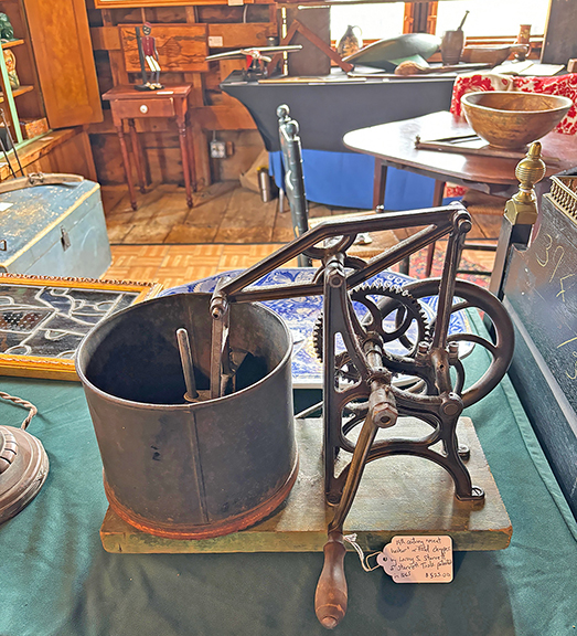 This food chopper made by Laroy Starrett was offered by Peter Murphy of Bath, Maine, and was priced at $525. Harry Hepburn of Harrison, Maine, a clock dealer set up across the aisle, provided the history of the chopper. See the story for details.