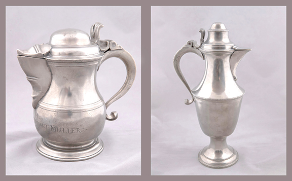 The flagon on the left, made by Philadelphia pewterer Johann Philip Alberti, a Pennsylvania German, is engraved “Georg Leonhart Müller 1763” on the body. Müller lived in what is now Lebanon County and belonged to the Hill Evangelical Lutheran Church in Lebanon. The flagon on the right was made in Philadelphia by William Will (1742-1798). Born in Neuwied-am-Rhein, Germany, he went to New York with his father, Johann (John), in 1752 and served his apprenticeship with his brother Heinrich (later Henry) before moving to Philadelphia with his brother Phillip. He rose to the rank of colonel in the Continental Army. Photos by Dave Holsten. Courtesy Historic Trappe, gift of Dr. Melvyn and Bette Wolf.