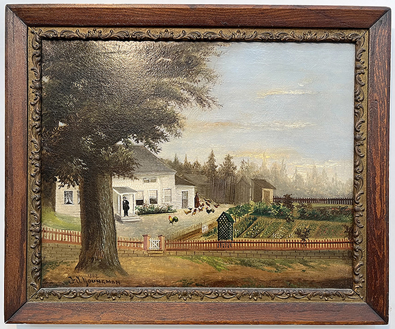 James Grievo of Stockton, New Jersey, offered for $850 this 1864 folk-art portrait by F. J. Youngman of a bucolic scene with a white house, a painted fence, a large tree in the foreground, planted gardens, and chickens next to a woman in dark red.