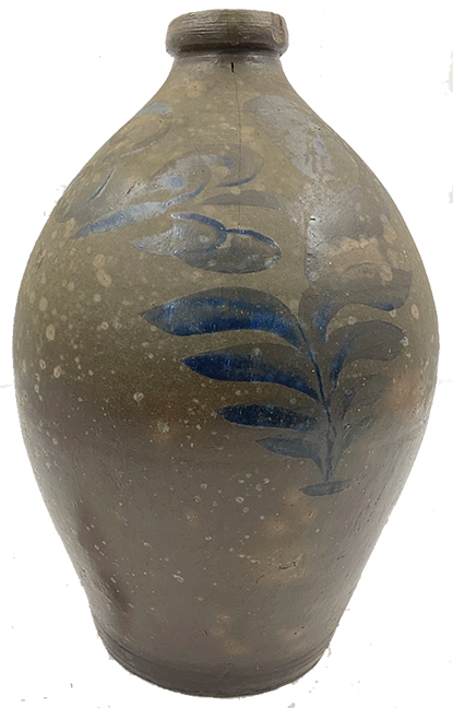 3-gal. ovoid stoneware jug w/ lg. cobalt 3 & bird. Attributed to Daniel Goodale, Hartford, CT, 1830-50.
