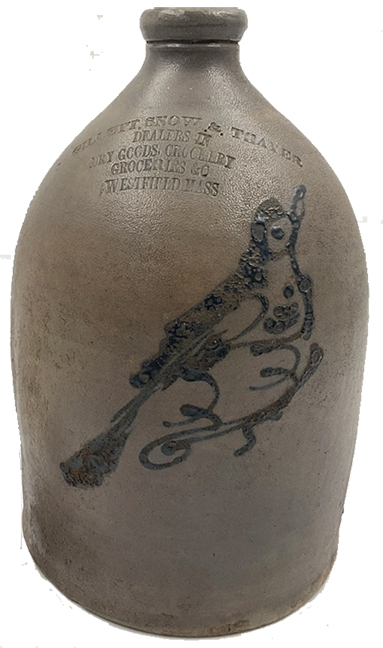 RARE 2-gal. 1860-80 stoneware jug w/ stylized slip-trailed cobalt bird perched on a branch, impressed “Gillett, Snow & Thayer Dealers in Dry Goods Crockery Groceries & C. Westfield, Mass.